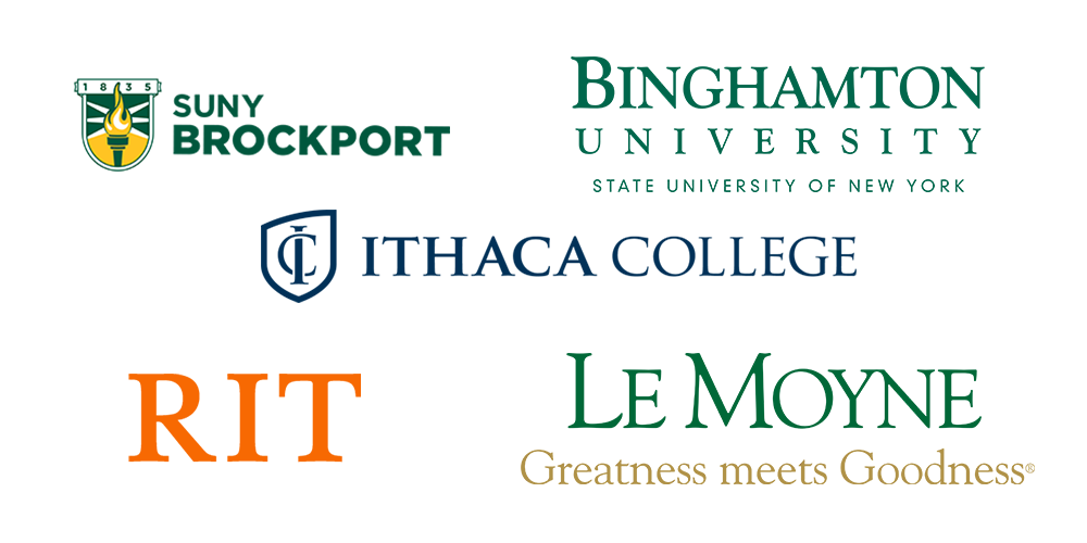 Logos of SUNy Brockport, Binghamton University, Ithaca College, RIT, Le Moyne 