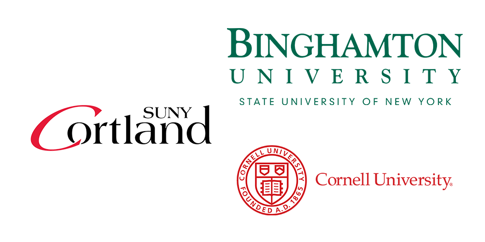 Cortland, Cornell and Binghamton University logos. 