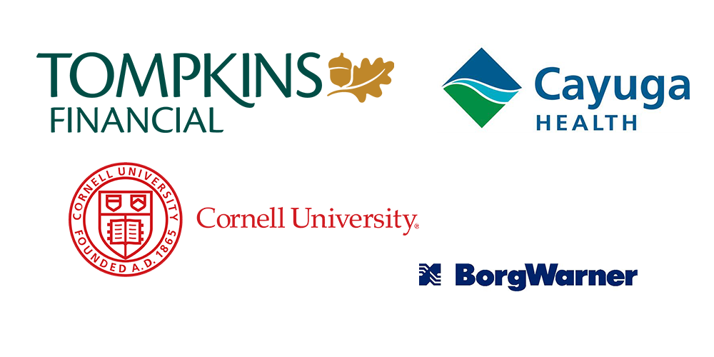 Tompkins financial, cayuga health, borhwarner and cornell university logos. 