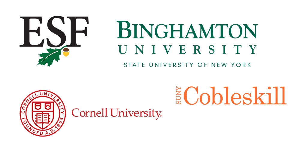 ESF, Binghamton University, Cornell University, and SUNy Cobleskill logos. 