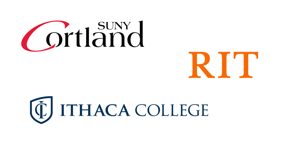 SUNY Cortland, RIT and Ithaca College logos 