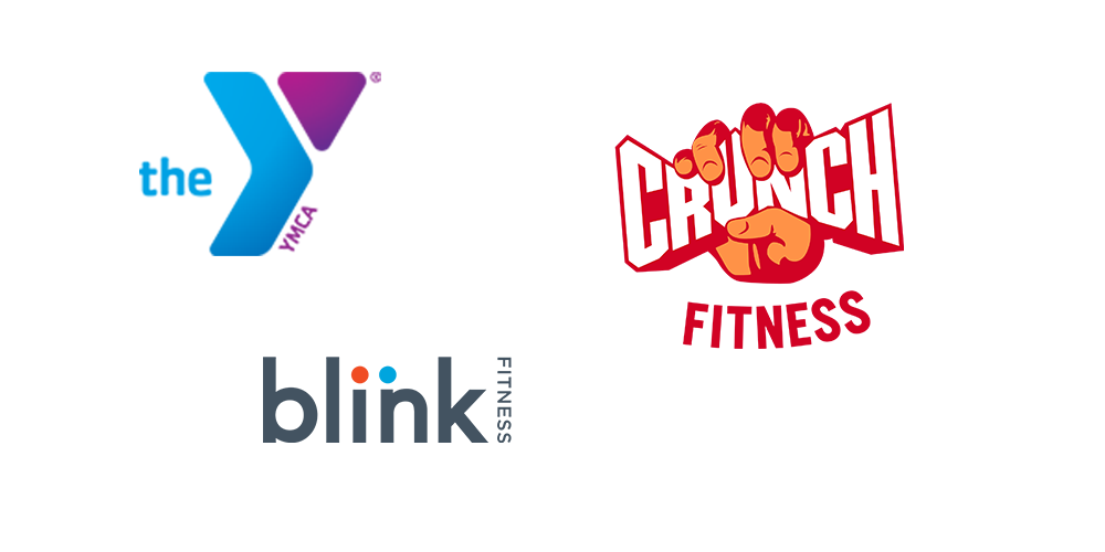 YMCA, Crunch Fitness, and Blink Fitness logos 