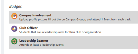 Screenshot of Co-Curricular Transcript Badges for Campus Involvement, Club Officer, and Leadership Learner